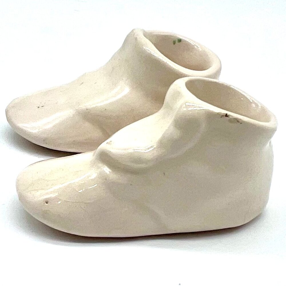 Ceramic Baby Shoe Figurines Pair Vintage Cream Glazed